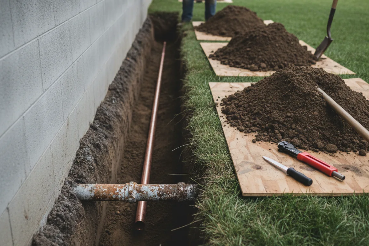 Excavated water line trench during Sewer Line Repair in Hustisford